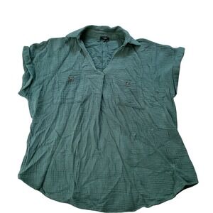 Studio 1886 Womens Green‎ Cotton Gauze V-Neck Short Sleeve Button Pocket Top L